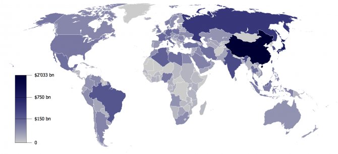 Карта золотовалютных резервов стран мира